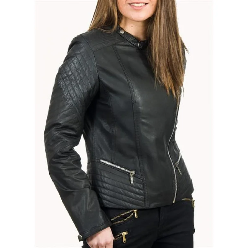 Black Stylish Biker Leather Jacket for Women A-Line Jacket Boat Neck Shawl Collar
