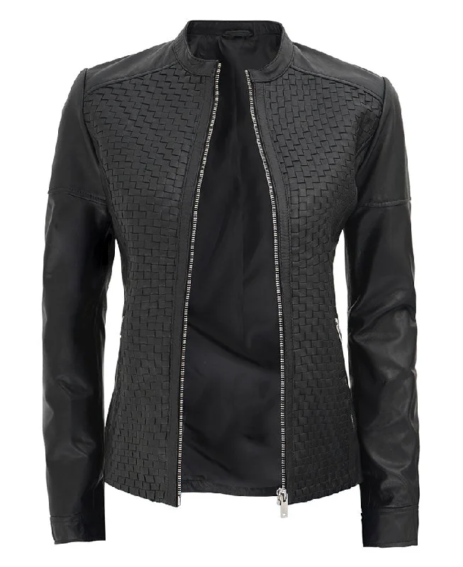 Black Textured Leather Jacket  Womens Slim Fit Jacket Welt Pockets Slit Pockets Flap Pockets