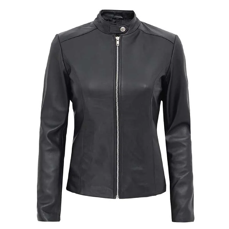 Black Women Leather Moto Jacket Boat Neck Shawl Collar Notched Collar