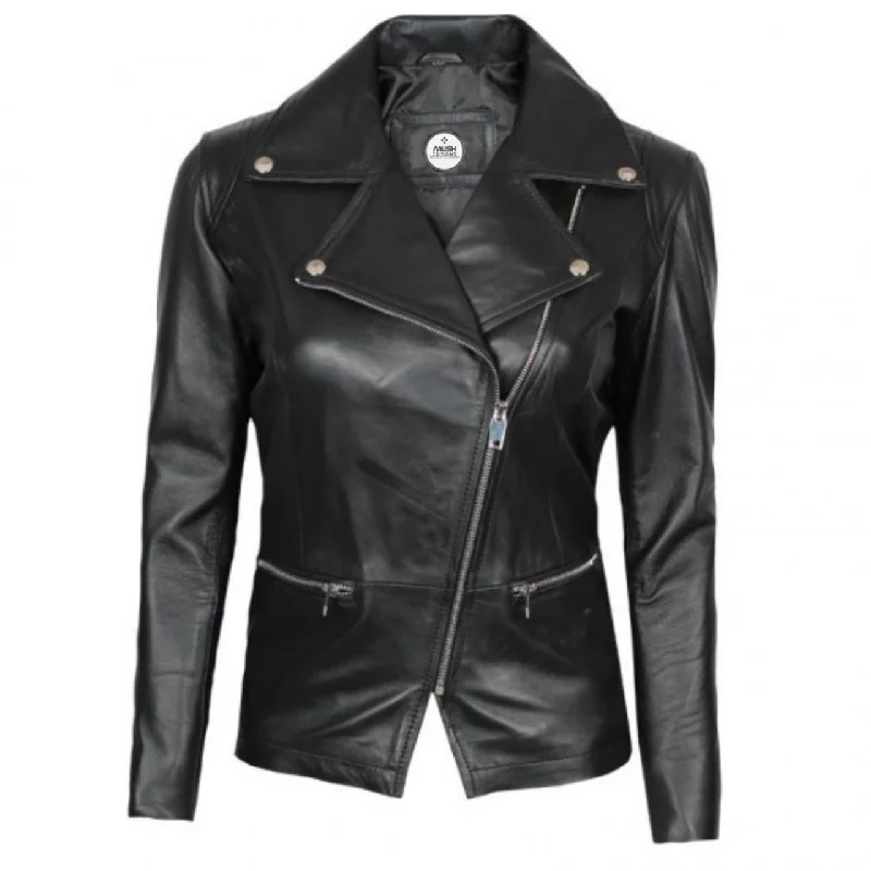 Black Women Motorcycle Leather Jacket Fleece Fabric Down Fabric Feather Fabric