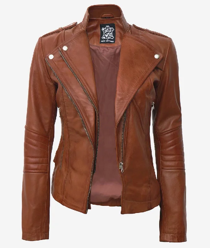Brown Asymmetrical Fitted Leather Jacket  For Womens Elasticated Jacket Padded Jacket Insulated Jacket