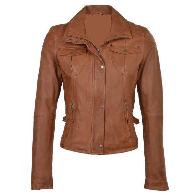 Brown Bomber Biker with Lining Sheepskin Leather Jacket Women Collared Jacket Crew Neck Jacket Turtle Neck Jacket