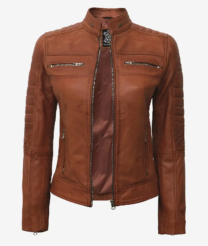 Brown Cafe Racer Leather Jacket Womens Wool Fabric Cashmere Fabric Tweed Fabric
