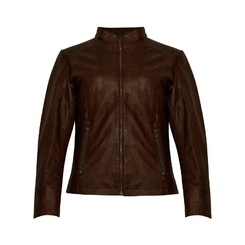 Brown Casual Leather Jacket for Women Zippered Front Buttoned Front Snap Front