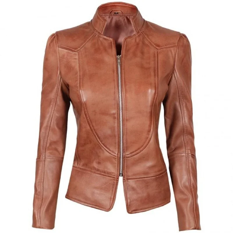 Brown Fitted Leather Jacket for Women Belted Jacket Elasticated Jacket Padded Jacket