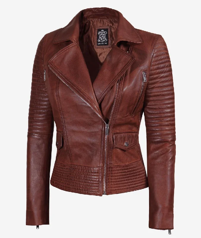 Brown Leather Biker Jacket  Women Asymmetrical Jacket Elasticated Jacket Padded Jacket Insulated Jacket