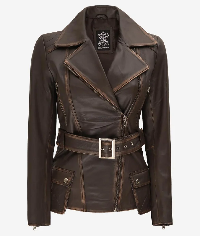 Brown Leather Vintage Womens Motorcycle Jacket Fleece Fabric Down Fabric Feather Fabric
