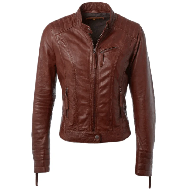 Brown Zipper Pockets with Lining Sheepskin Leather Jacket Women Lace Jacket Ribbed Jacket Sequined Jacket