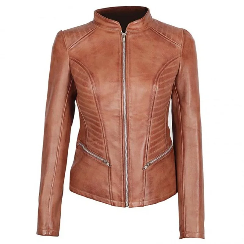 Camel Brown Leather Jacket for Women Collared Jacket Crew Neck Jacket Turtle Neck Jacket