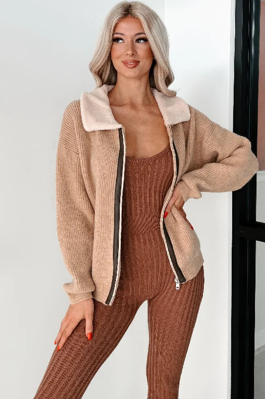 Cappuccino Cozy Sherpa Collar Sweater Jacket (Taupe) Anorak Shell Jacket Lightweight Jacket