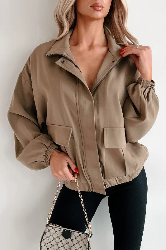Cool Afternoons Lightweight Zip-Up Jacket (Khaki) Zippered Jacket Buttoned Jacket Snapped Jacket