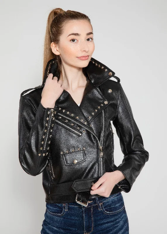 Women's Vegan Star Studded Black Moto Style Faux Leather Jacket Denim Fabric Leather Fabric Suede Fabric