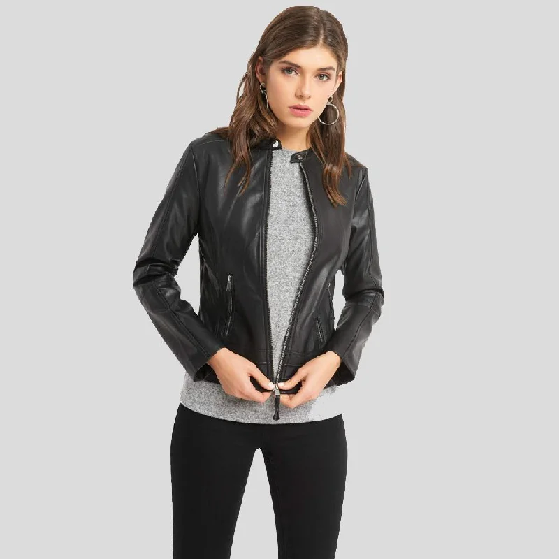 Cora Black Biker Leather Jacket One-Shoulder Jacket Off-the-Shoulder Jacket Asymmetrical Jacket