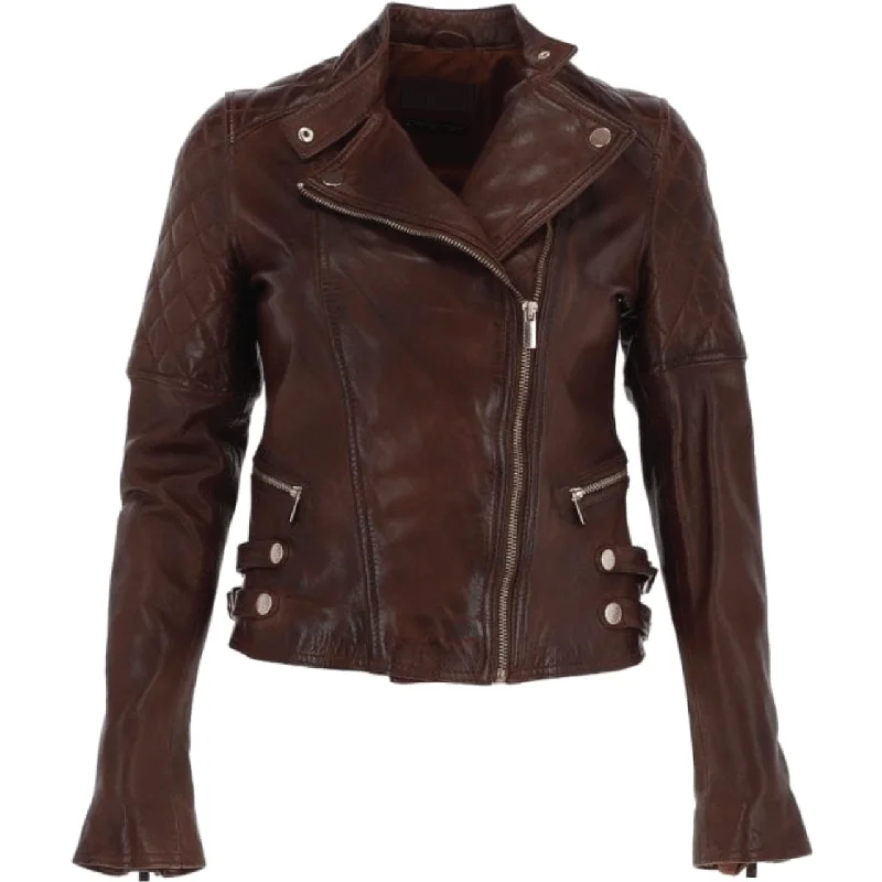 Dark Brown Biker Sheepskin Leather Jacket Women A-Line Jacket Boat Neck Shawl Collar