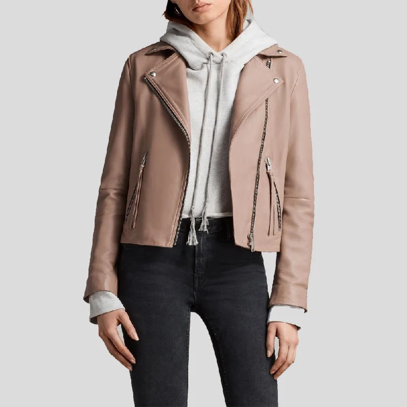 Emily Beige Motorcycle Leather Jacket Appliqued Jacket Beaded Jacket Sequined Jacket