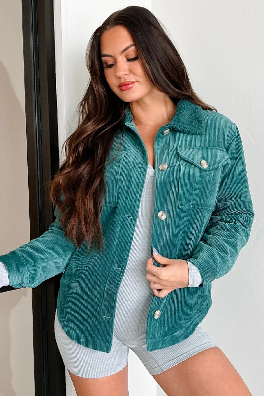 DOORBUSTER Fall's Well That Ends Well Corduroy Jacket (Hunter) Faux Fur Fabric Real Fur Fabric Shearling Fabric