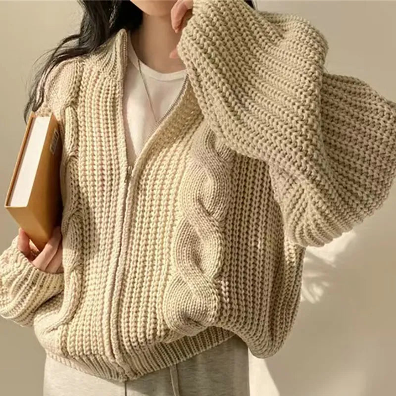 Women Zipper Rib Loose Cardigan Coat Lantern Sleeve Knit Warm Sweater Coat Solid Casual Office Jacket Women Fall Winter Welt Pockets Slit Pockets Flap Pockets