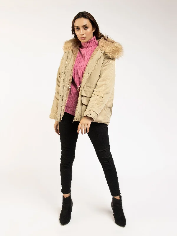 Faux Fur Puffer Jacket Front Pockets Side Pockets Patch Pockets