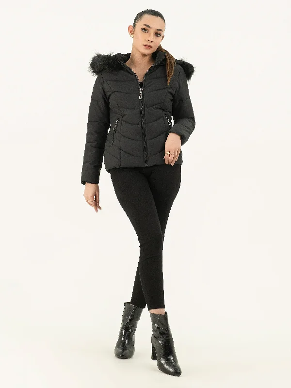 Faux Fur Puffer Jacket Welt Pockets Slit Pockets Flap Pockets