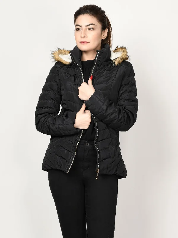 Faux Fur Puffer Jacket - Black Cotton Fabric Linen Fabric Terry Fabric
