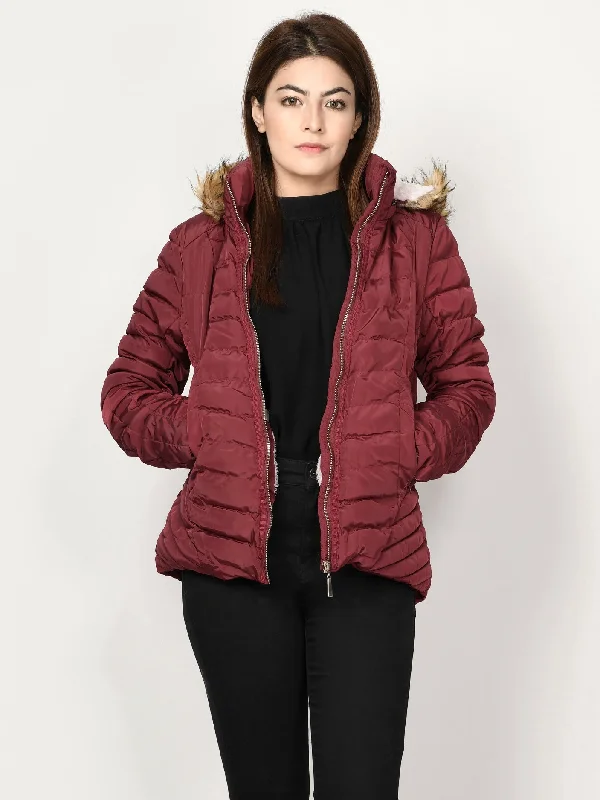 Faux Fur Puffer Jacket - Maroon Tailored Jacket Straight Jacket A-Line Jacket