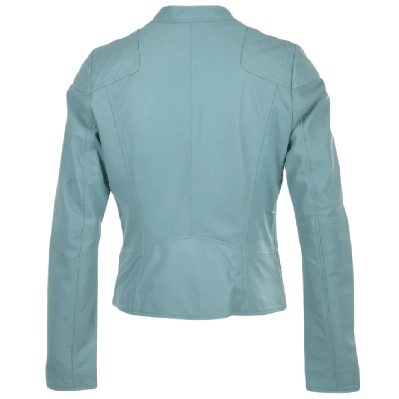 Light Blue Quilted with Lining Sheepskin Leather Jacket Women Jacket Blazer Coat