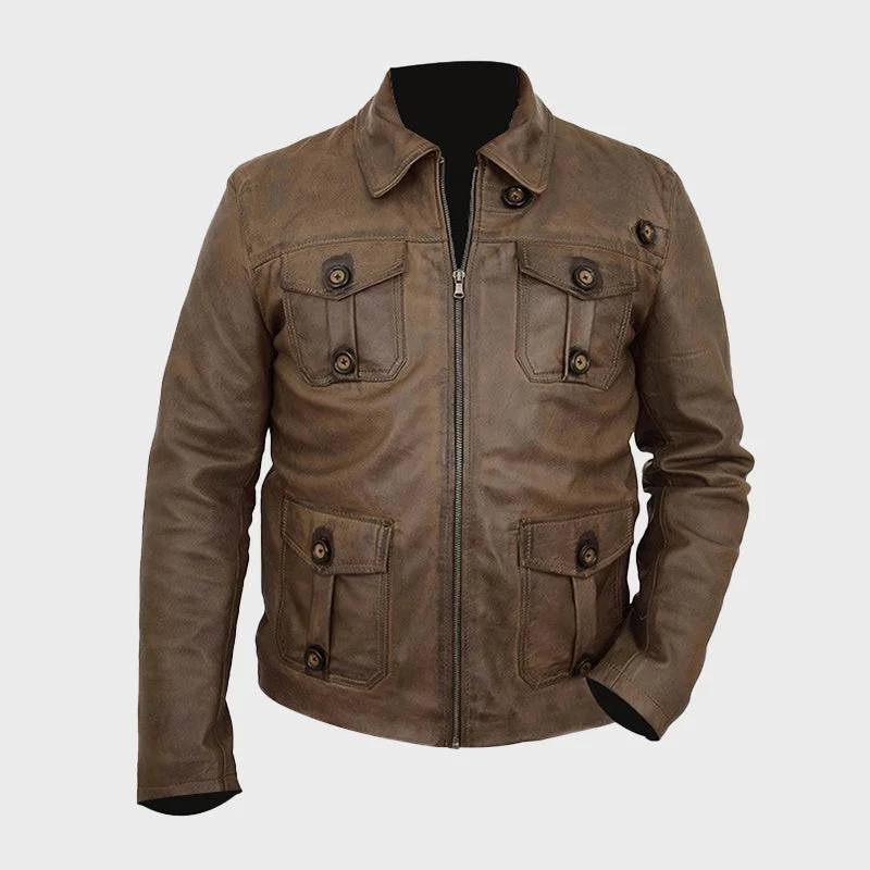 Men's Barry Vintage Biker Leather Jacket Front Pockets Side Pockets Patch Pockets