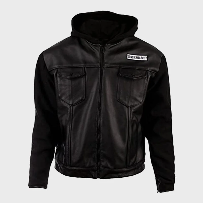 Men's Black Hooded Sons Of Anarchy Highway Leather Jacket Boat Neck Shawl Collar Notched Collar