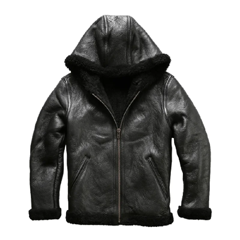 Men's Black Sheepskin Shearling Leather Jacket Cardigan Sweater Pullover