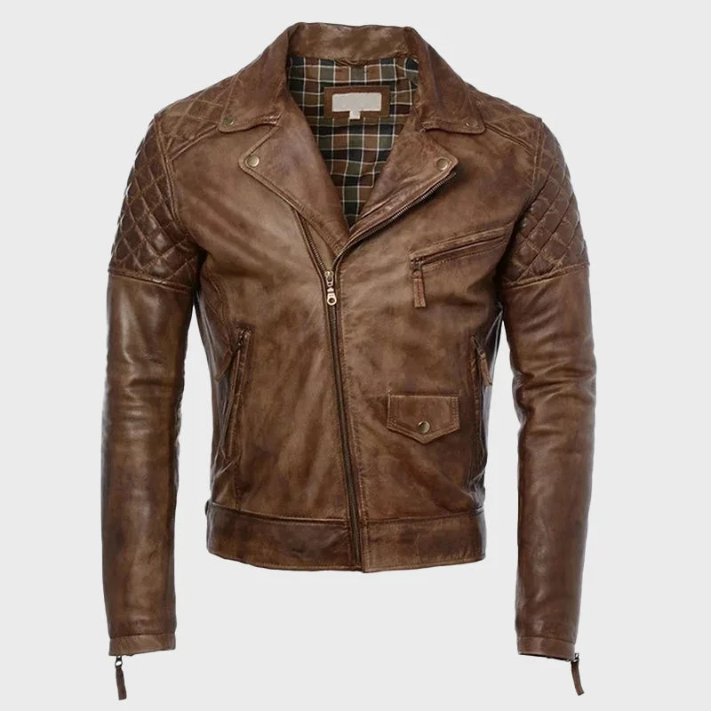 Men's Brown Quilted Motorcycle Leather Jacket Front Pockets Side Pockets Patch Pockets