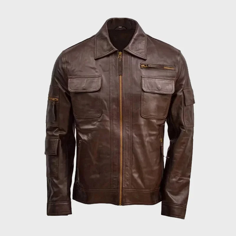 Men's Brown Sheepskin Leather Jacket Lace Jacket Ribbed Jacket Sequined Jacket