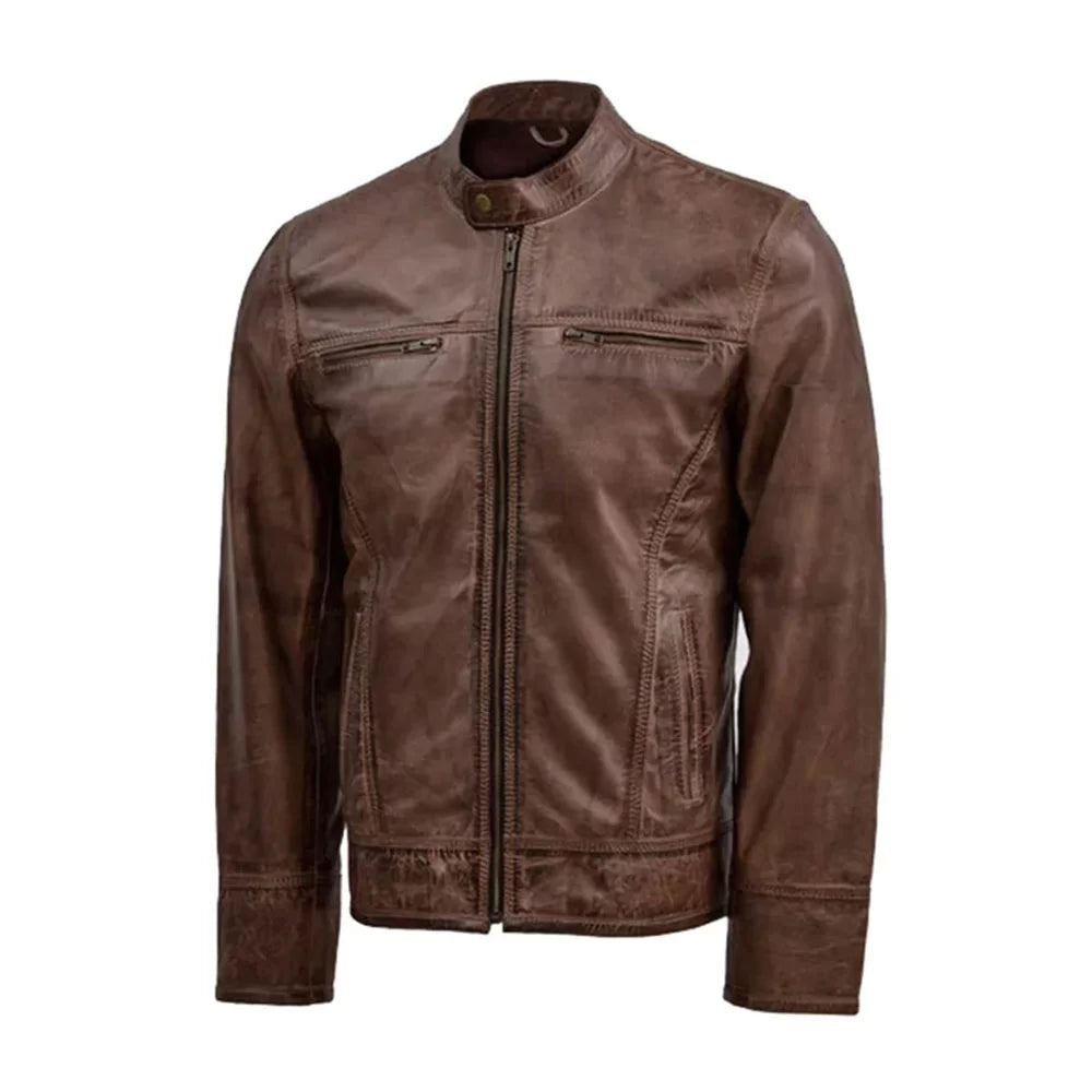 Men's Brown Waxed Leather Jacket Wool Jacket Cashmere Jacket Tweed Jacket