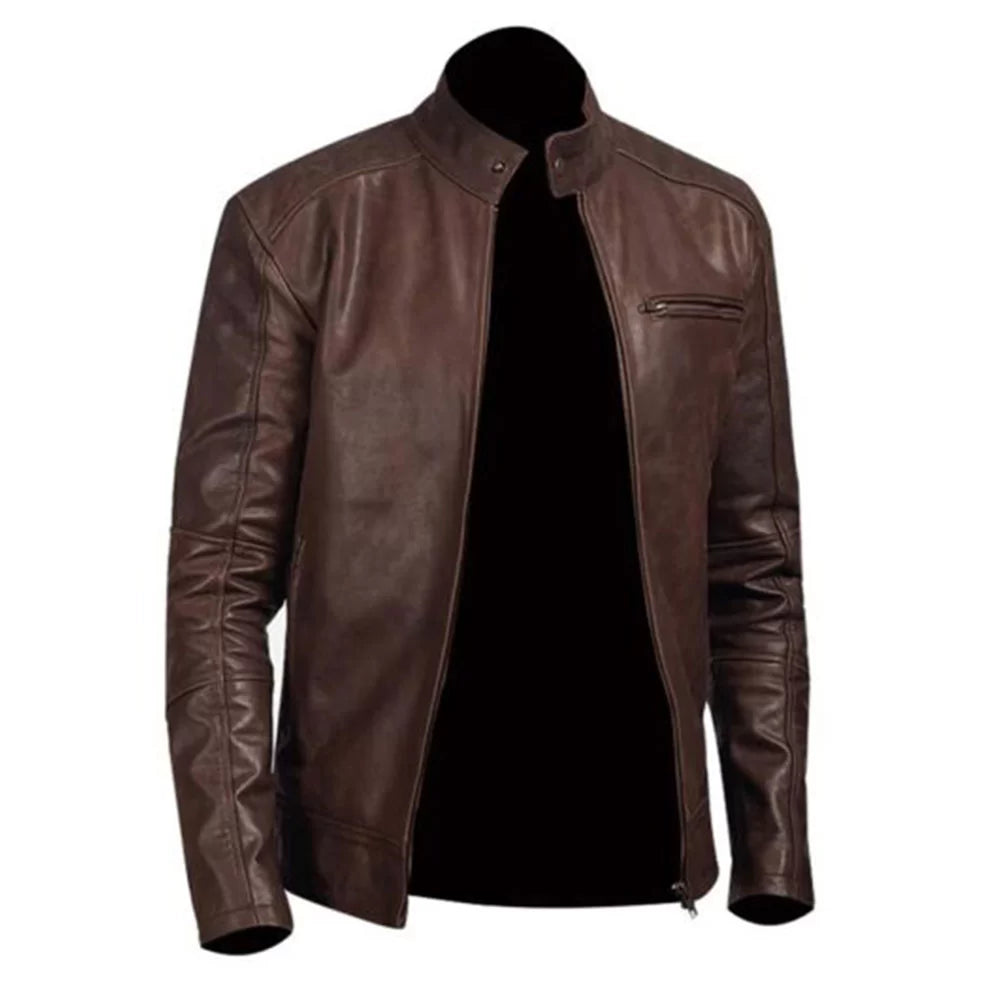 Men's Chocolate Brown Leather Jacket Print Jacket Jacquard Jacket Patchwork Jacket