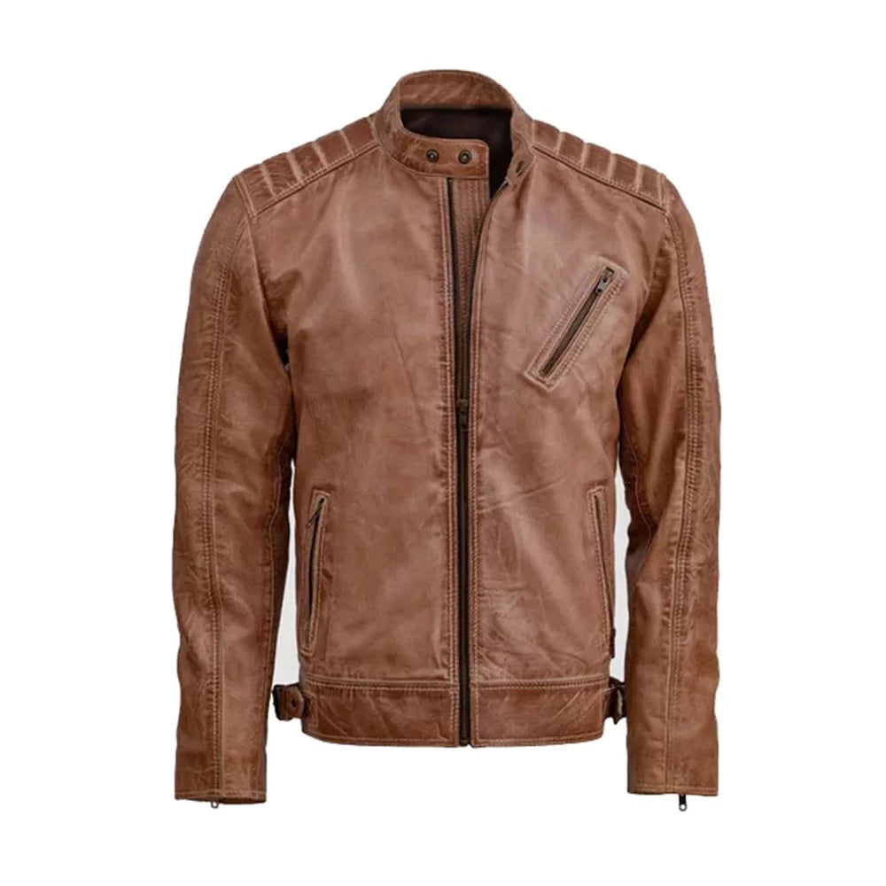 Men's Distressed Brown Leather Jacket Mesh Jacket Canvas Jacket Denim Jacket