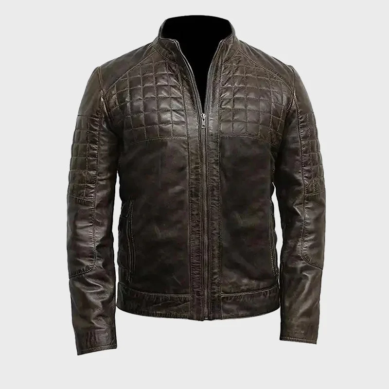 Men's Distressed Brown Quilted Leather Jacket Toggled Jacket Drawstring Jacket Belted Jacket