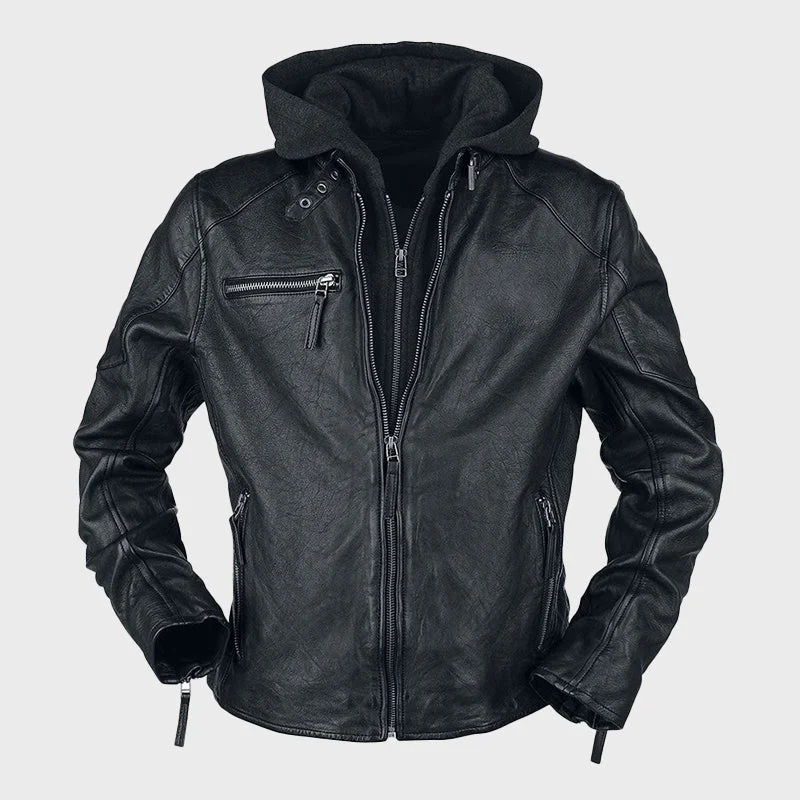 Men's Black Hooded Biker Leather Jacket Chenille Jacket Brocade Jacket Lace Jacket