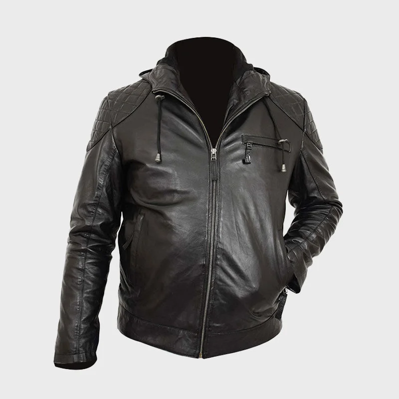 Men's Black Leather Sports Jacket With Hood Print Jacket Jacquard Jacket Embroidered Jacket Men's Black Leather Sports Jacket With Hood Print Jacket Jacquard Jacket Embroidered Jacket