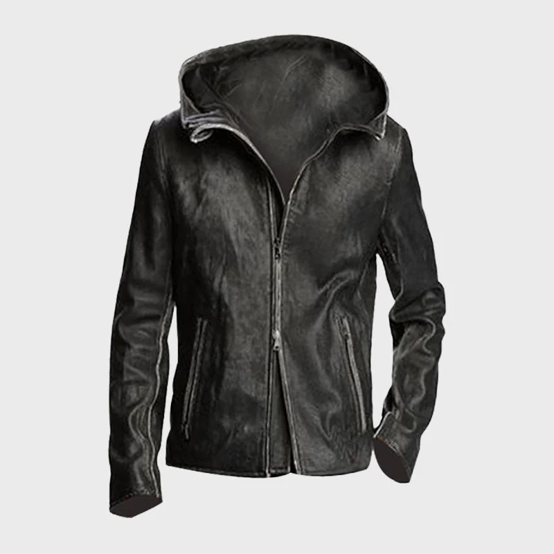 Men's Limited Edition Black Leather Hooded Jacket Denim Jacket Leather Jacket Suede Jacket