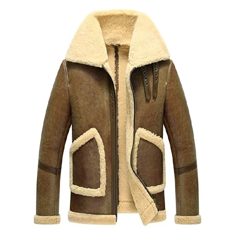 Men's Jacket Brown Aviator Sheepskin Shearling Leather Jacket Wool Jacket Cashmere Jacket Tweed Jacket