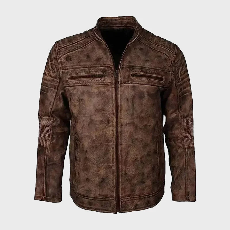 Men's Vintage Waxed Brown Leather Biker Jacket Front Pockets Side Pockets Patch Pockets