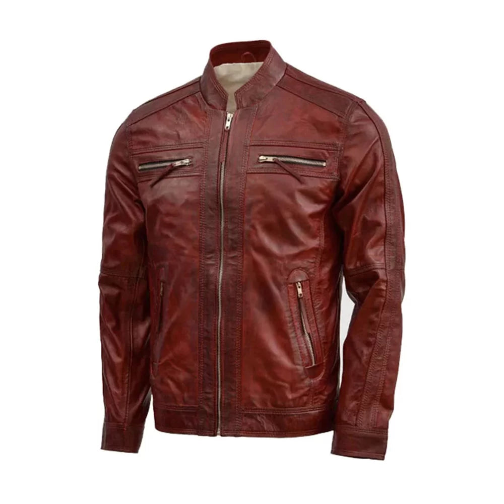 Men's Waxed Brown Leather Jacket Elasticated Jacket Padded Jacket Insulated Jacket