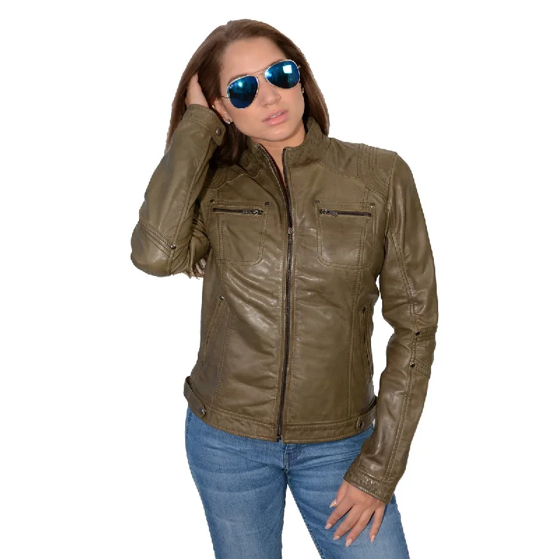 Milwaukee Leather SFL2800 Women's Racer Olive Stand Up Collar Motorcycle Fashion Leather Jacket Elasticated Jacket Padded Jacket Insulated Jacket Milwaukee Leather SFL2800 Women's Racer Olive Stand Up Collar Motorcycle Fashion Leather Jacket Elasticated Jacket Padded Jacket Insulated Jacket