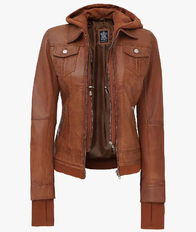 Brown Bomber Leather Jacket With Detachable Hood Jersey Jacket Tulle Jacket Batik Jacket