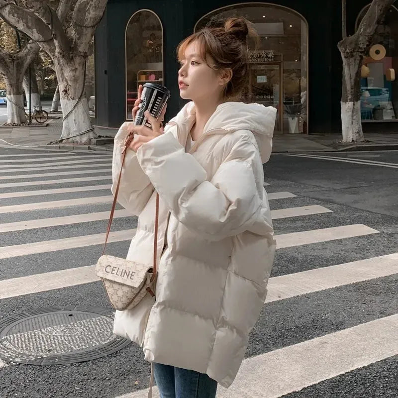 New Down Cotton Parka Winter Jackets Women White Zipper 2023 Korean Loose Hooded Bubble Coats Female Simple Basic Outwear Jacket Blazer Coat