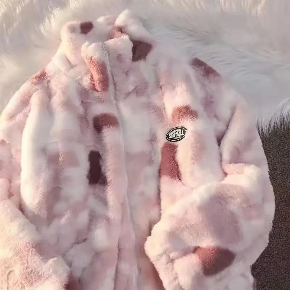 New Women's Tie Dye Lamb Fleece Jacket Autumn Winter Zipper Outerwear Warm Plush Jackets Harajuku Casual Loose Female Thick Coat Striped Jacket Polka Dot Jacket Floral Jacket