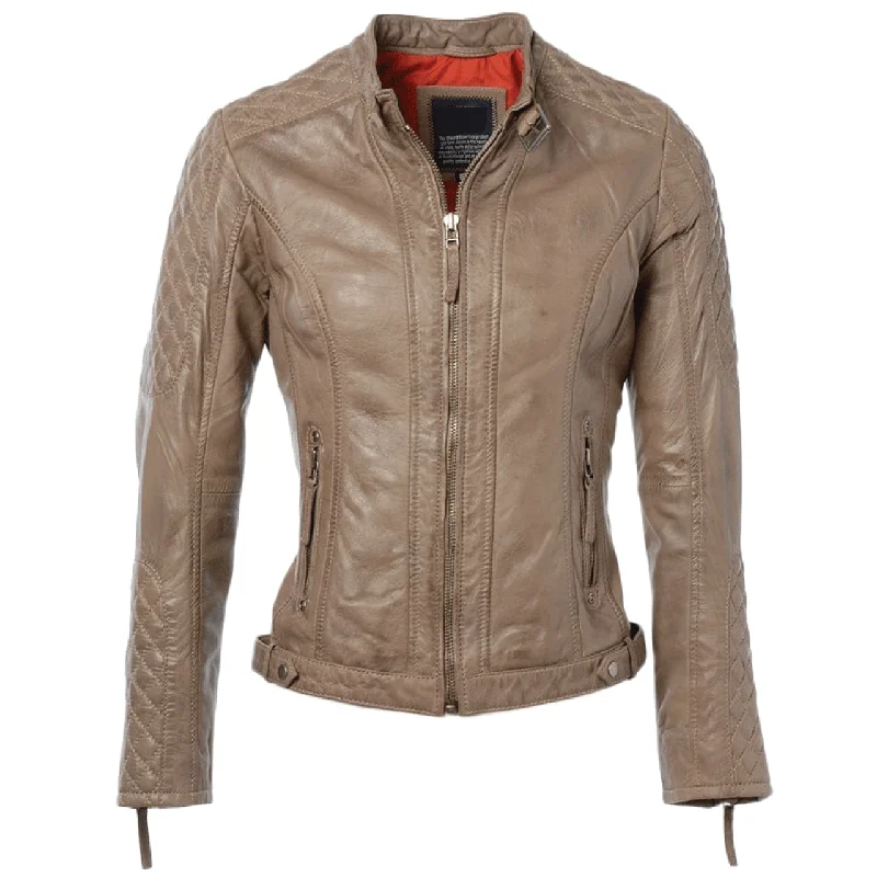 Camel Brown with Buckle straps Sheepskin Quilted Leather Jacket Wool Fabric Cashmere Fabric Tweed Fabric