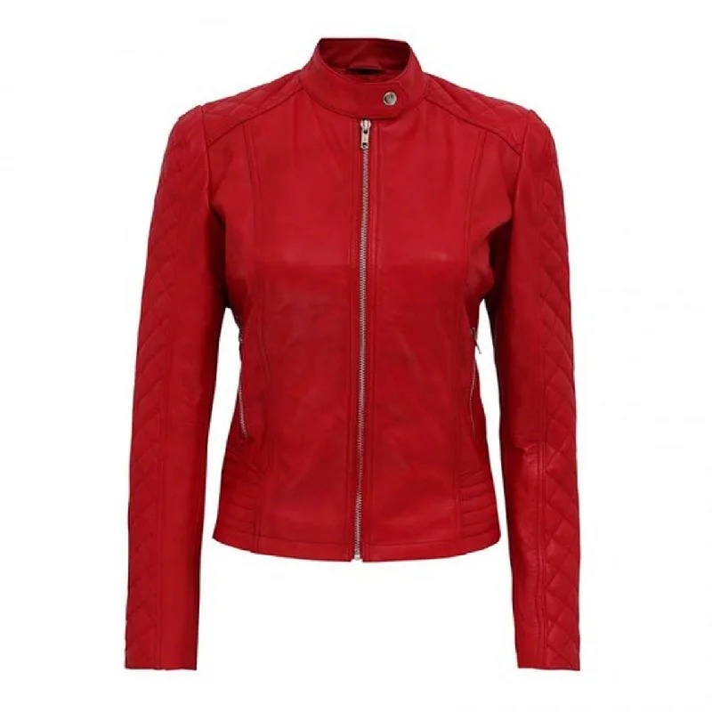 Red Quilted Cafe Racer Women Jacket Satin Fabric Silk Fabric Chiffon Fabric