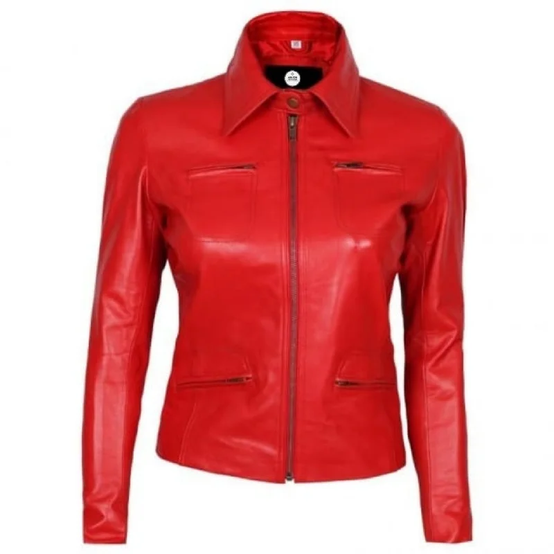 Red Zipper Women Biker Leather Jacket Herringbone Jacket Checkered Jacket Solid Jacket