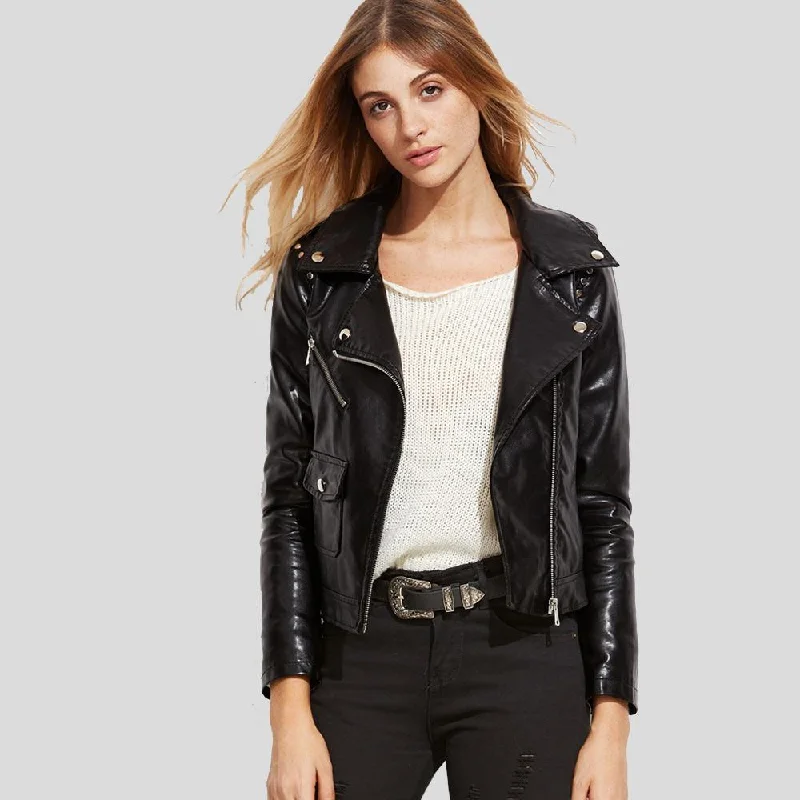 Scarlett Black Biker Leather Jacket Boat Neck Shawl Collar Notched Collar