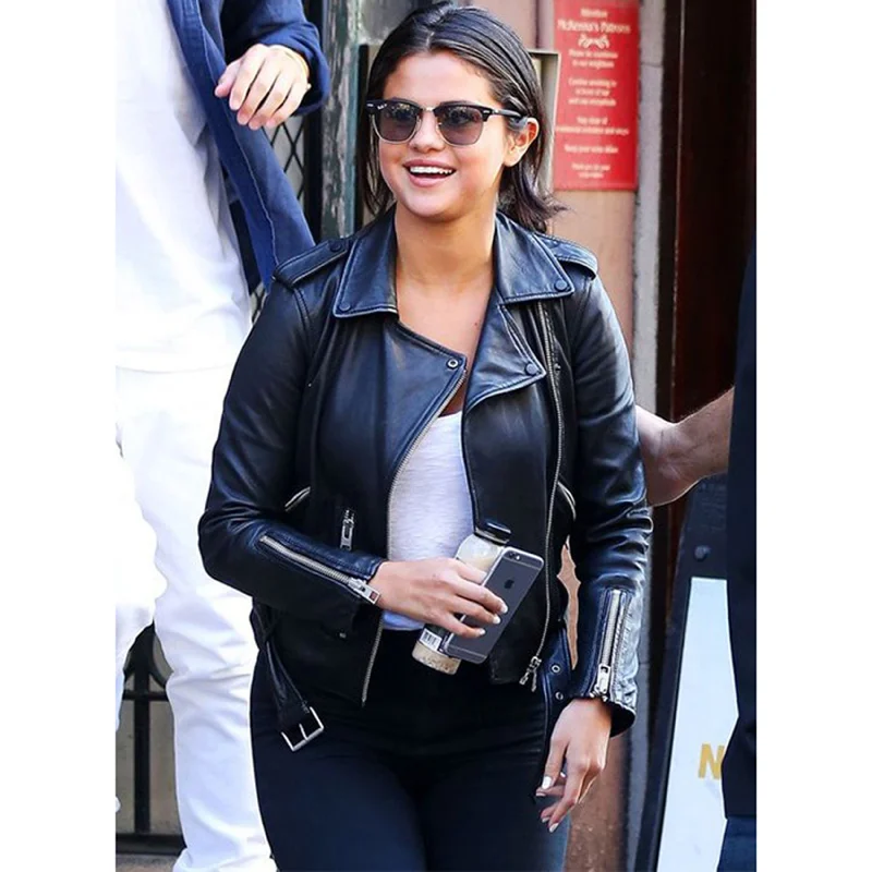Selena Gomez New York Leather Biker Jacket Black Bomber Jacket Anorak Windbreaker
